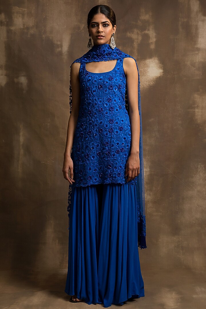 Royal Blue Georgette Gharara Set by Karishma Khanduja Bareilley at Pernia's Pop Up Shop