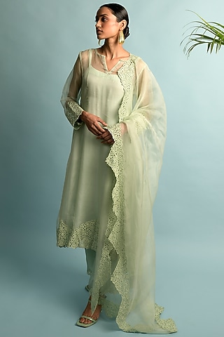 Green Organza Kurta Set by Karishma Khanduja Bareilley