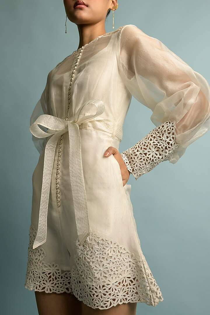 White Embroidered Playsuit by Karishma Khanduja Bareilley at Pernia's Pop Up Shop