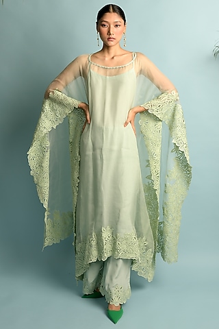 Green Organza Kurta Set by Karishma Khanduja Bareilley