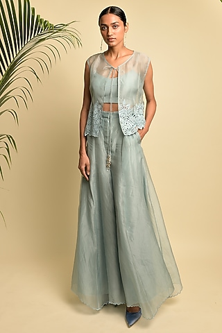 Greyish Blue Organza Palazzo Pant Set by Karishma Khanduja Bareilley