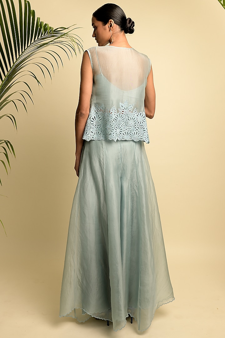 Greyish Blue Organza Palazzo Pant Set by Karishma Khanduja Bareilley at Pernia's Pop Up Shop