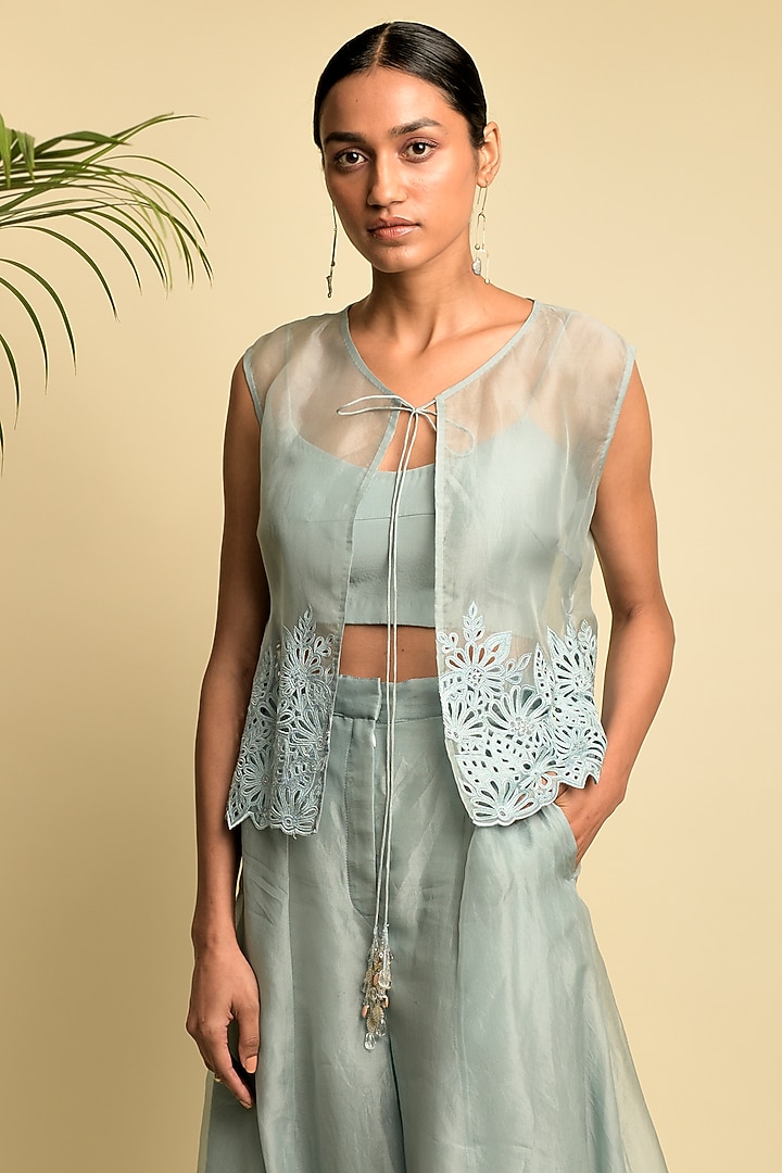 Greyish Blue Organza Palazzo Pant Set by Karishma Khanduja Bareilley at Pernia's Pop Up Shop