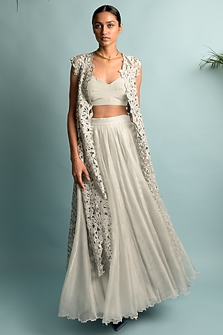 Grey Organza Jacket Lehenga Set by Karishma Khanduja Bareilley