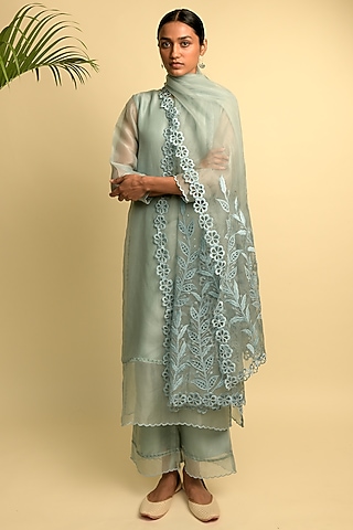 Blue Grey Organza Kurta Set by Karishma Khanduja Bareilley