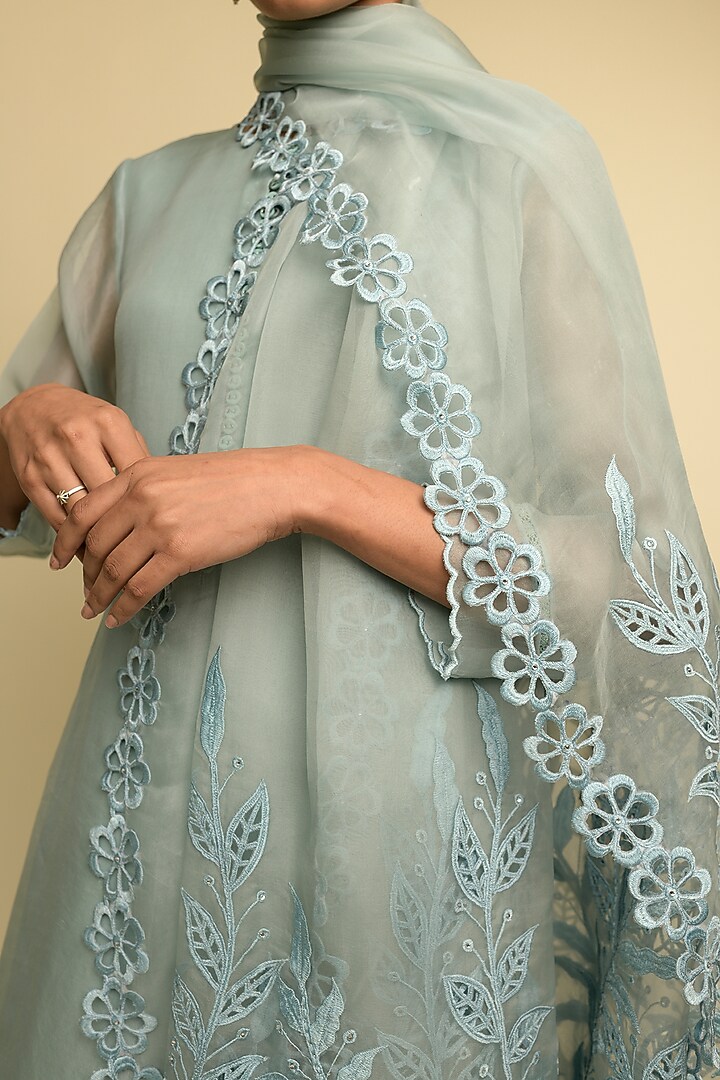 Blue Grey Organza Kurta Set by Karishma Khanduja Bareilley at Pernia's Pop Up Shop