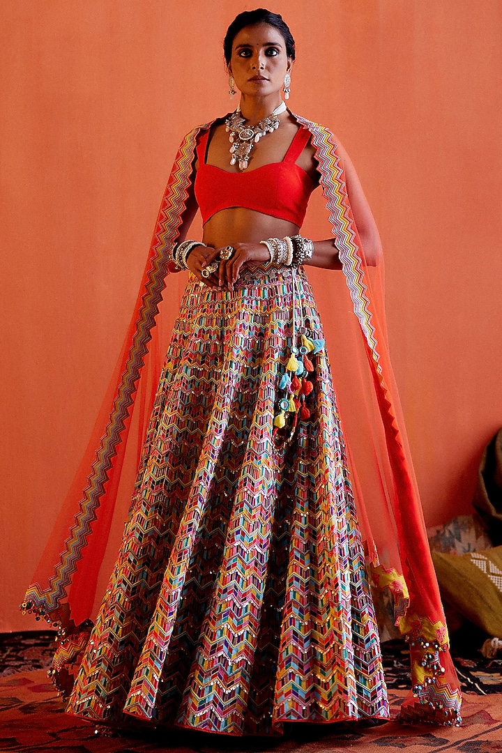 Multi-Colored Chanderi Embroidered Bridal Lehenga Set by Karishma Khanduja Bareilley at Pernia's Pop Up Shop