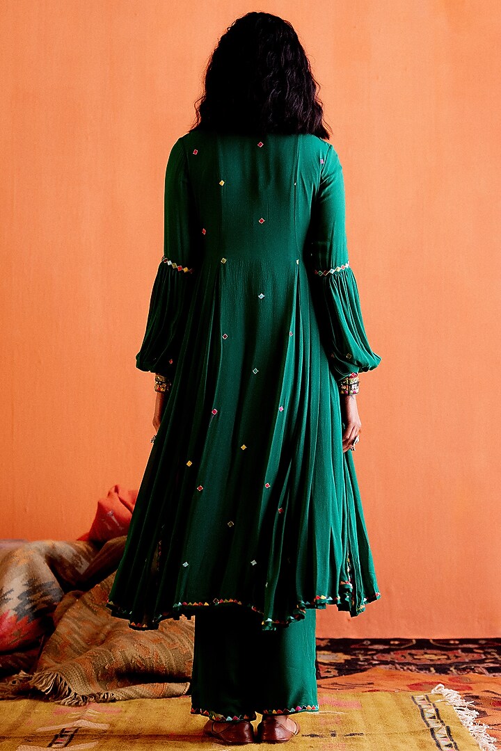 Green Georgette Embroidered Pleated Wedding Anarkali Set by Karishma Khanduja Bareilley at Pernia's Pop Up Shop