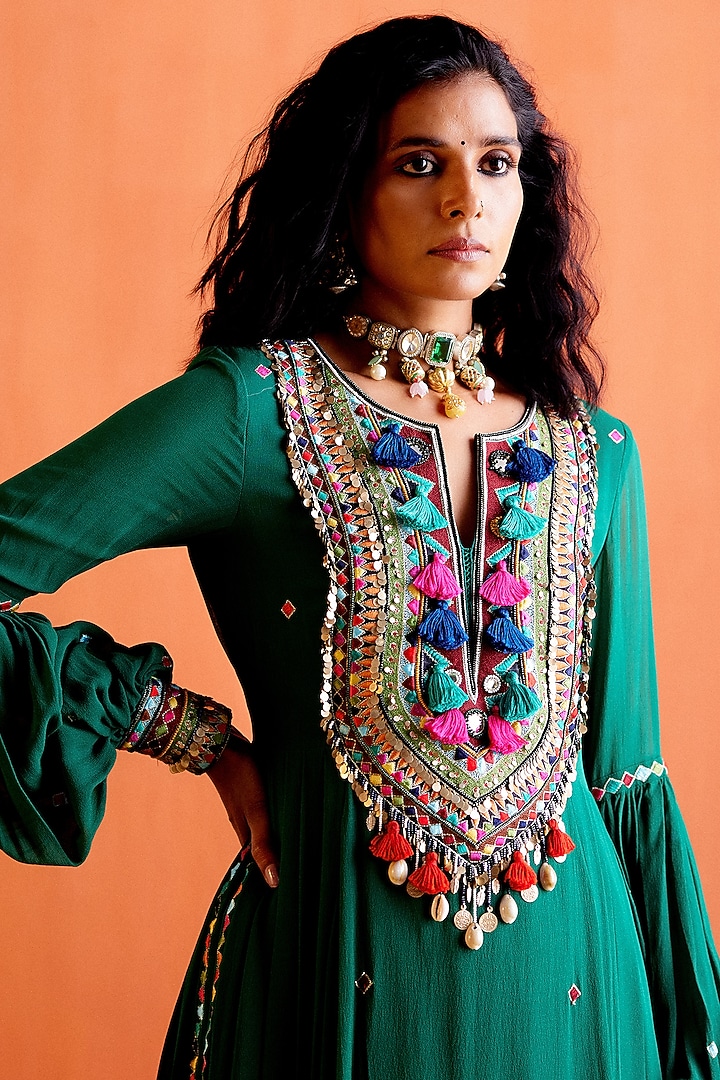Green Georgette Embroidered Pleated Wedding Anarkali Set by Karishma Khanduja Bareilley at Pernia's Pop Up Shop
