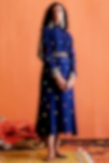 Blue Georgette Mirror Embroidered Midi Dress by Karishma Khanduja Bareilley