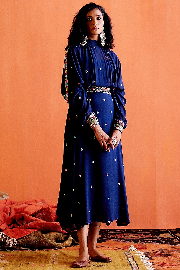 Blue Georgette Mirror Embroidered Midi Dress by Karishma Khanduja Bareilley