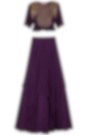 Violet Embroidered Blouse With Flared Skirt by Kakandora