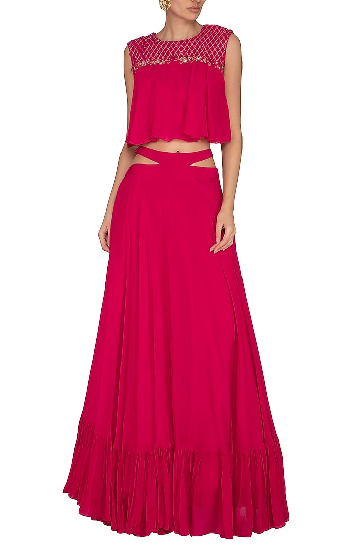 Hot Pink Embroidered Cape Top With Skirt by Kakandora at Pernia's Pop Up Shop