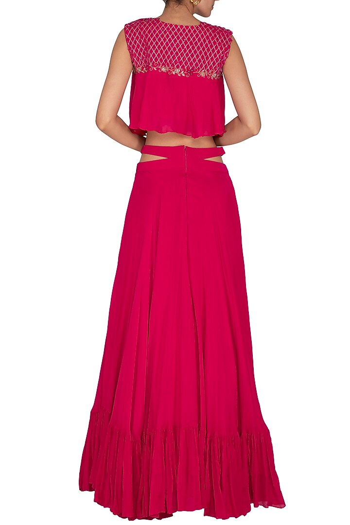 Hot Pink Embroidered Cape Top With Skirt by Kakandora at Pernia's Pop Up Shop