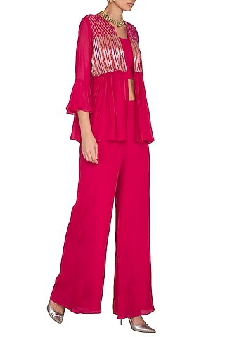 Hot Pink Bustier With Palazzo Pants & Embroidered Jacket by Kakandora
