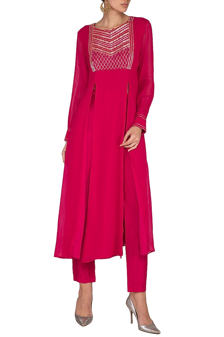 Hot Pink Embroidered Kurta With High Waisted Cigarette Pants by Kakandora at Pernia's Pop Up Shop