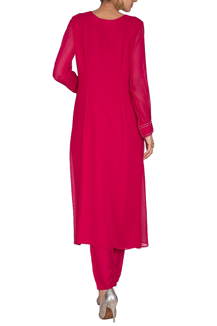 Hot Pink Embroidered Kurta With High Waisted Cigarette Pants by Kakandora at Pernia's Pop Up Shop