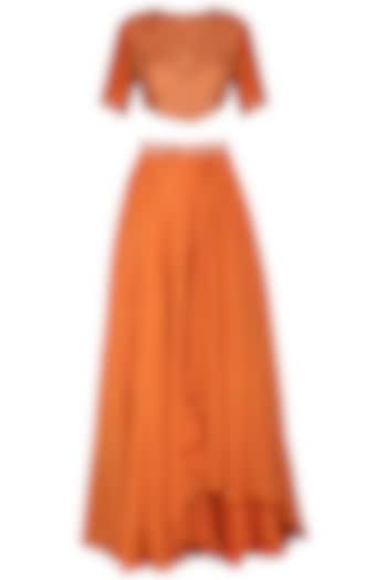 Rust Orange Embroidered Top With Waterfall Layered Skirt by Kakandora