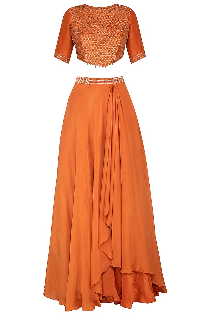Rust Orange Embroidered Top With Waterfall Layered Skirt by Kakandora