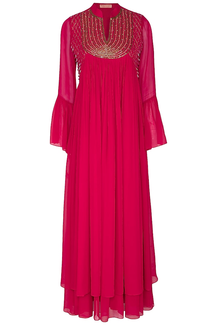 Hot Pink Embroidered Layered Gown by Kakandora