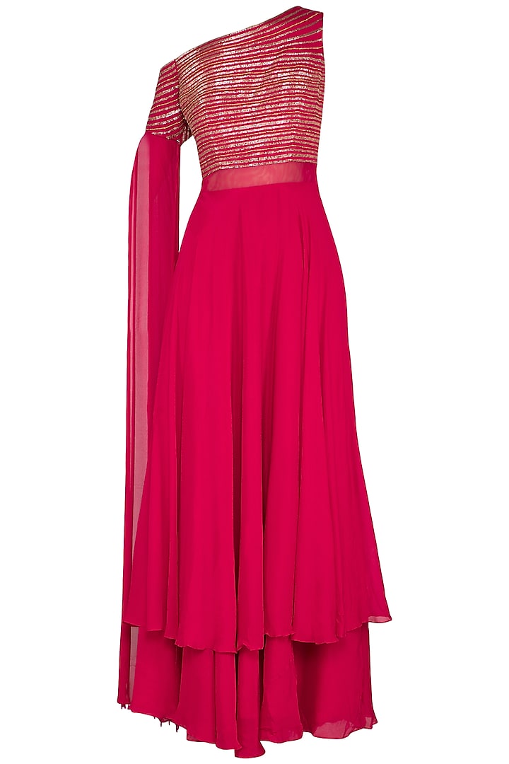 Hot Pink Embroidered One Shoulder Gown by Kakandora
