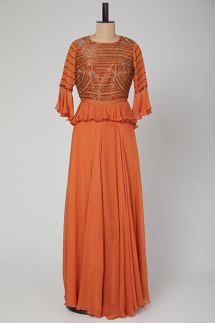 Rust Orange Embroidered Peplum Gown by Kakandora