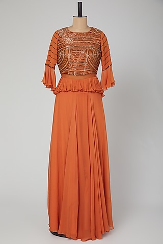 Rust Orange Embroidered Peplum Gown by Kakandora