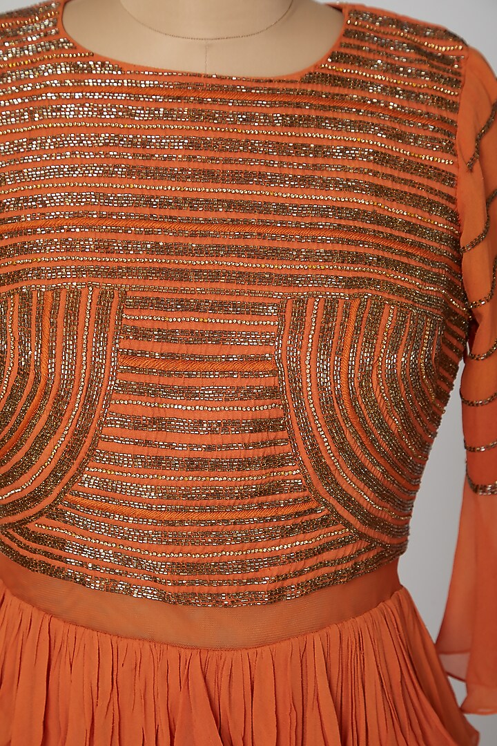 Rust Orange Embroidered Peplum Party Wear Gown by Kakandora at Pernia's Pop Up Shop