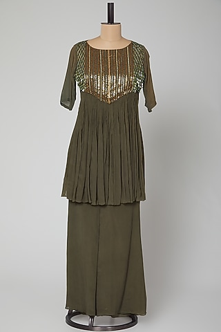 Grey Embroidered Kurta With Palazzo Pants by Kakandora