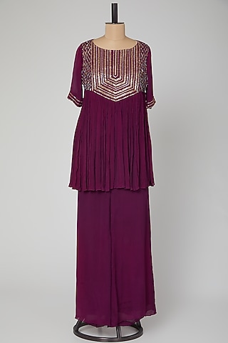 Violet Embroidered Kurta With Palazzo Pants by Kakandora