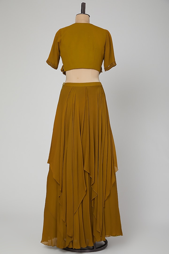 Olive Green Embroidered Flared Skirt Set by Kakandora at Pernia's Pop Up Shop
