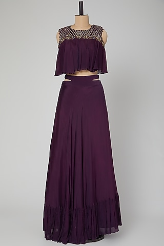 Violet Embroidered Skirt Set With Belt by Kakandora