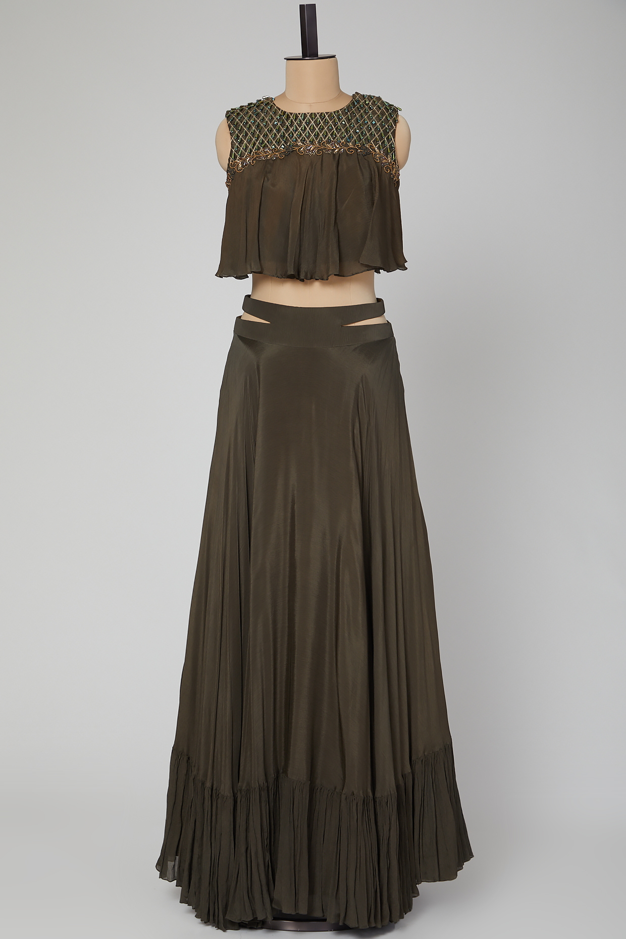 Grey Embroidered Skirt Set With Belt by Kakandora at Pernia's Pop Up Shop