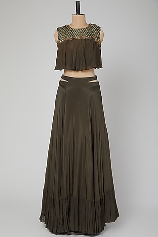 Grey Embroidered Skirt Set With Belt by Kakandora