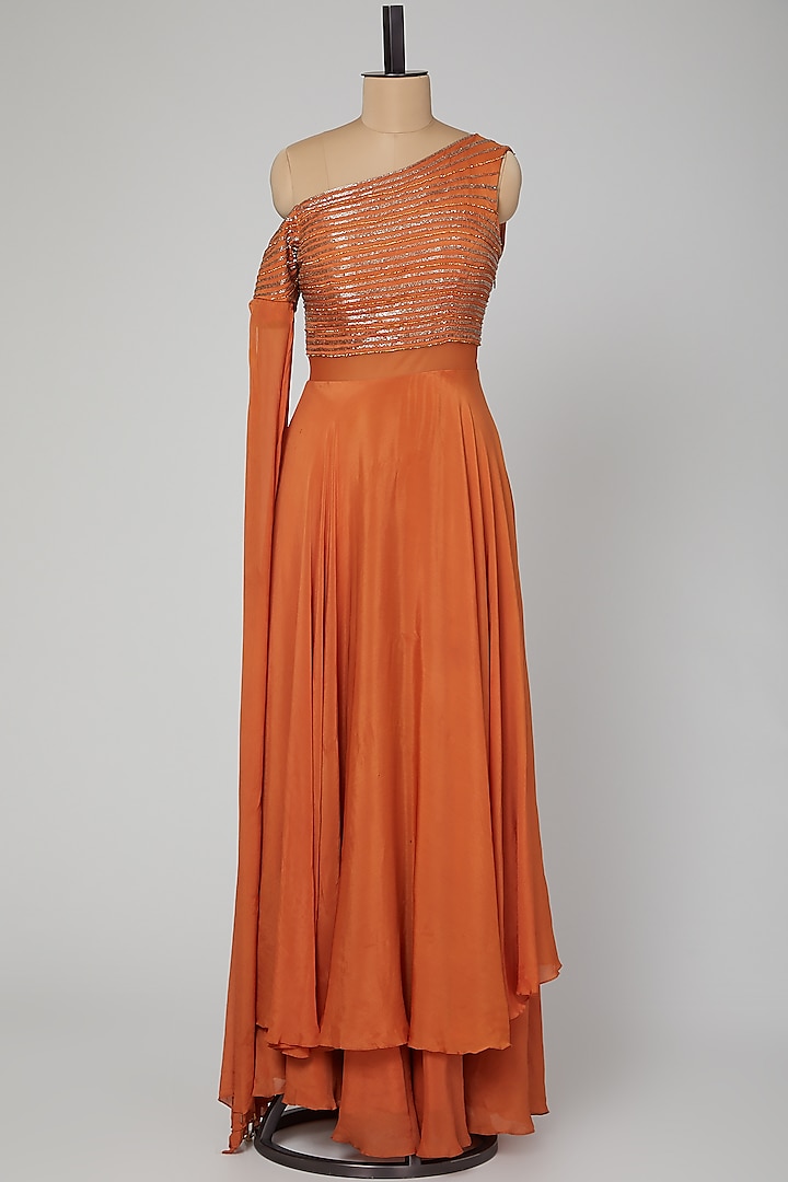 Rust Orange Embroidered & Layered Gown by Kakandora