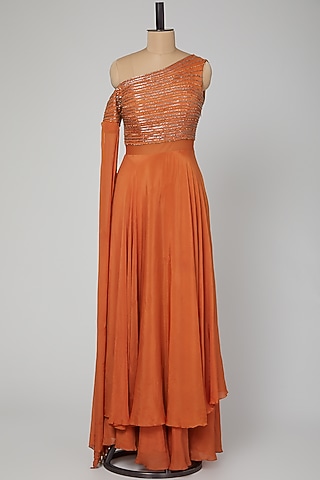 Rust Orange Embroidered & Layered Gown by Kakandora