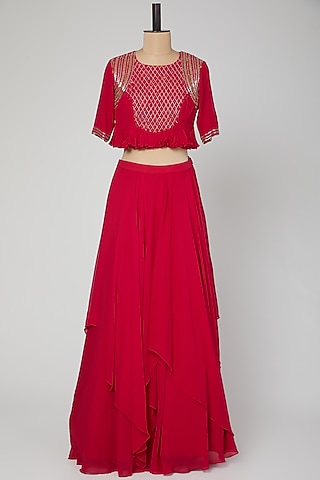 Hot Pink Embroidered Skirt Set by Kakandora