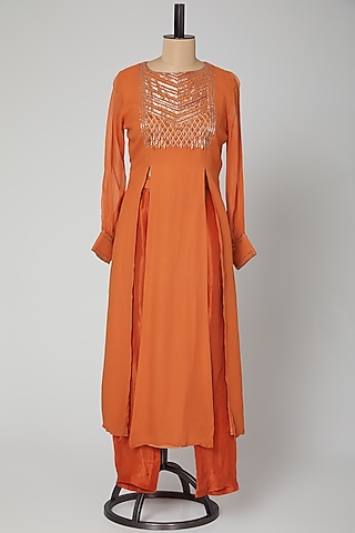 Rust Orange Embroidered Kurta With Cigarette Pants by Kakandora