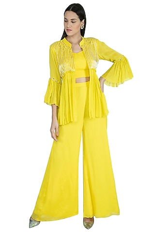 Mango Yellow Embroidered Bustier With Jacket & Palazzo Pants by Kakandora