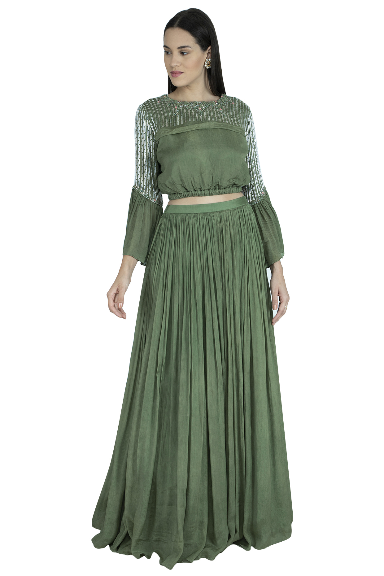 Forest Green Embroidered Crop Top With Flared Skirt by Kakandora at Pernia's Pop Up Shop