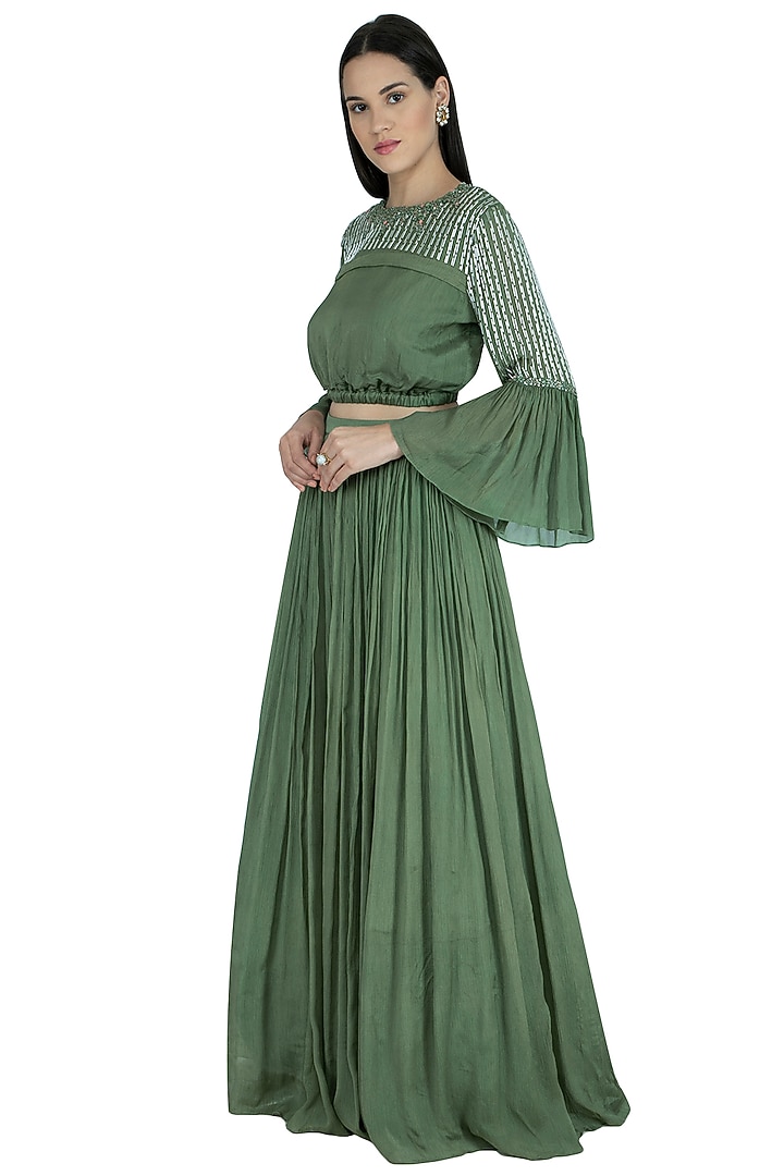 Forest Green Embroidered Crop Top With Flared Skirt by Kakandora at Pernia's Pop Up Shop
