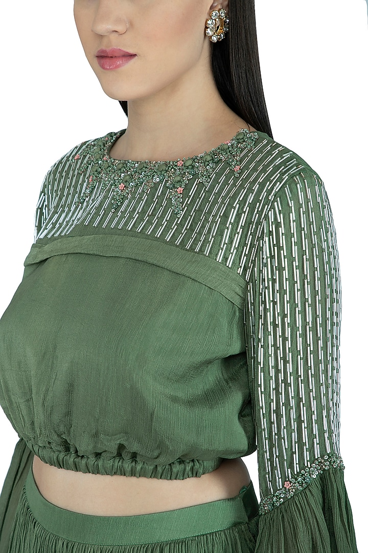 Forest Green Embroidered Crop Top With Flared Skirt by Kakandora at Pernia's Pop Up Shop