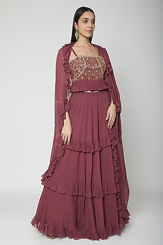 Wine Hand Embroidered Jacket Lehenga Set by Kakandora