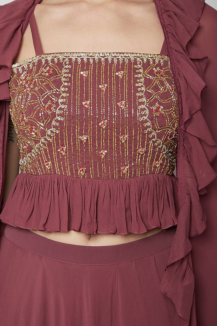 Wine Hand Embroidered Jacket Wedding Lehenga Set by Kakandora at Pernia's Pop Up Shop