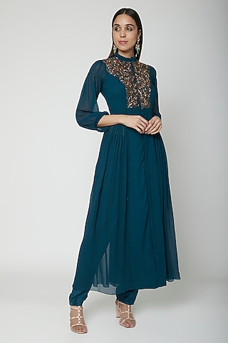 Teal Blue Hand Embroidered Kurta With Pants by Kakandora