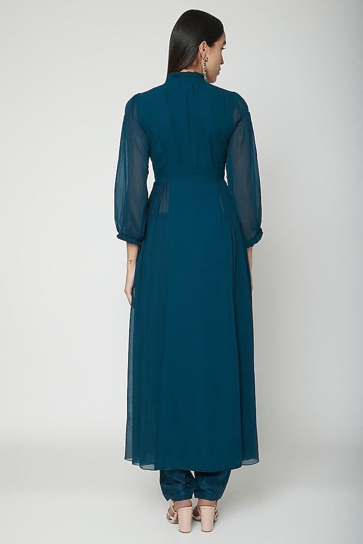 Teal Blue Hand Embroidered Kurta With Pants by Kakandora at Pernia's Pop Up Shop