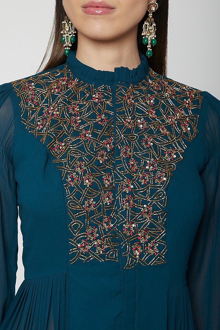 Teal Blue Hand Embroidered Kurta With Pants by Kakandora at Pernia's Pop Up Shop