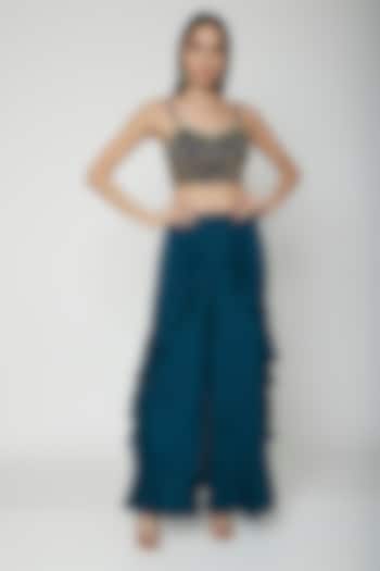 Teal Blue Hand Embroidered Crop Top With Palazzo Pants by Kakandora