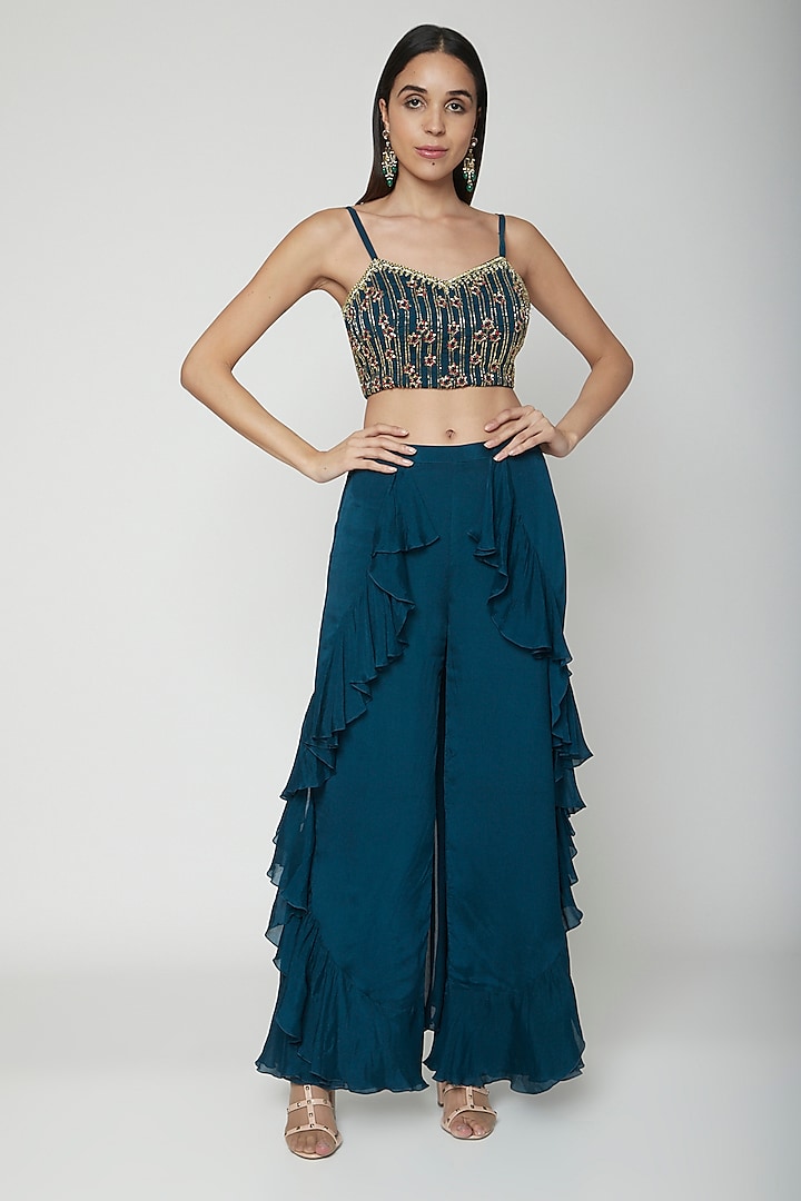 Teal Blue Hand Embroidered Crop Top With Palazzo Pants by Kakandora