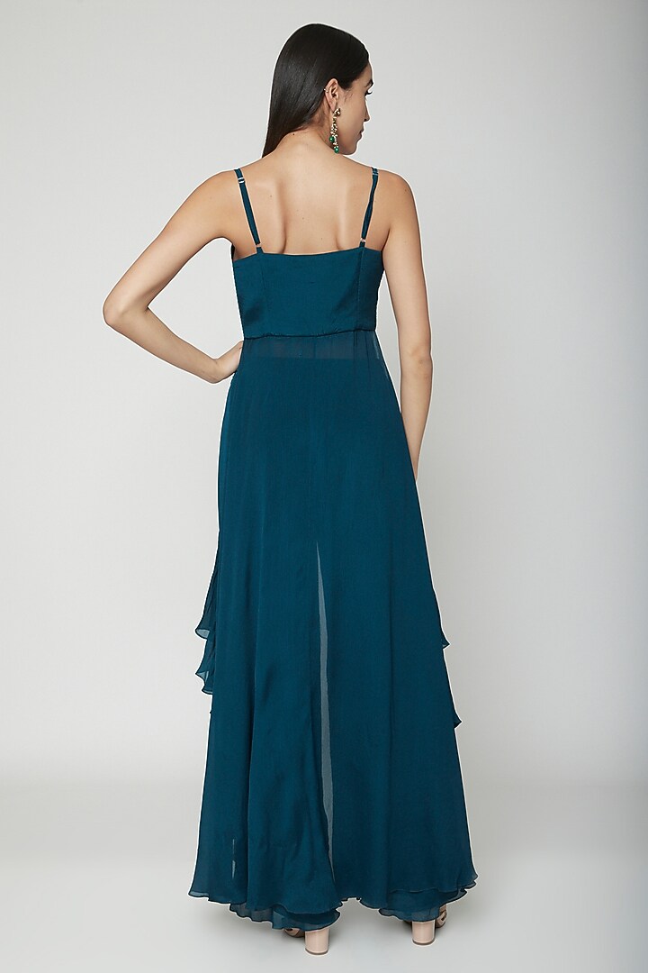 Teal Blue Hand Embroidered Crop Top With Palazzo Pants by Kakandora at Pernia's Pop Up Shop